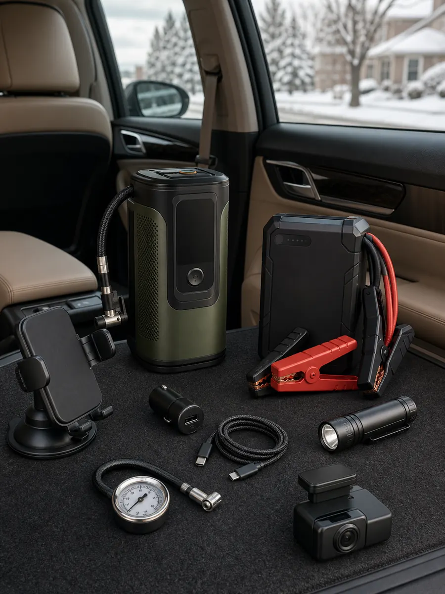 Winter car accessories and practical driving gear
