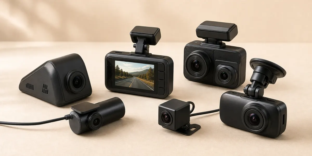A collection of different dash cam styles arranged on a neutral surface