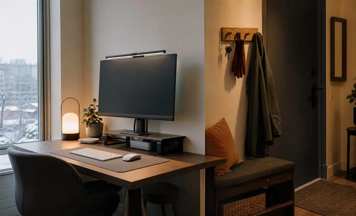 A tidy compact desk and entry corner in a small winter apartment