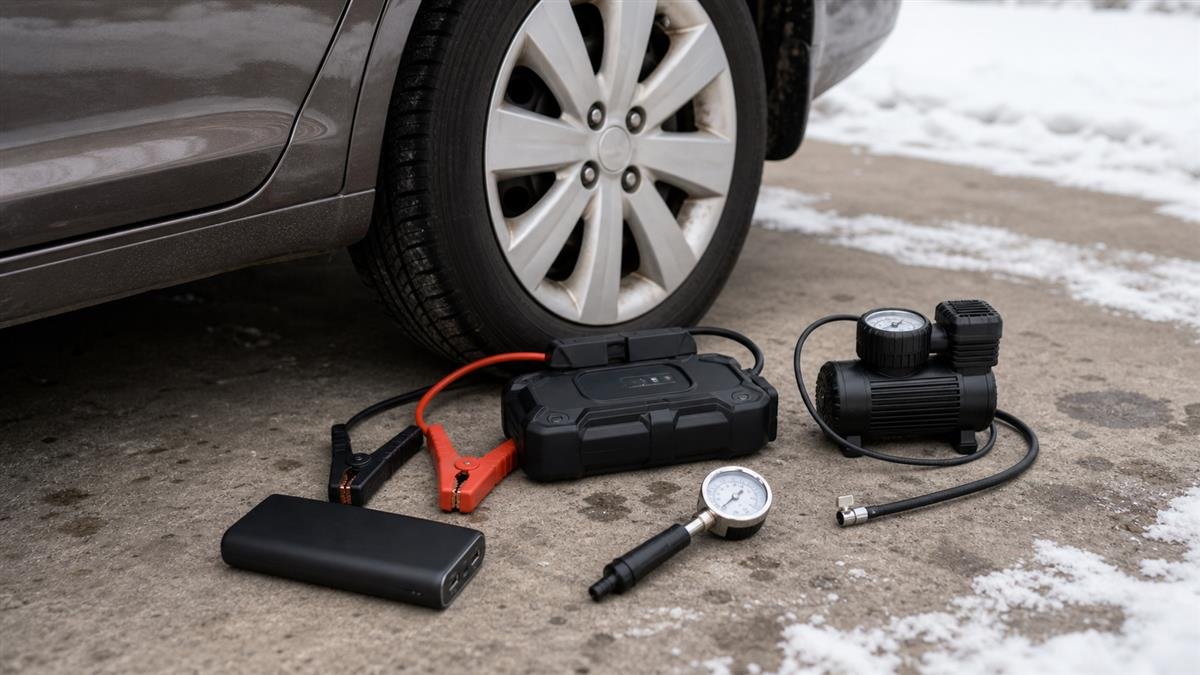 Portable jump starter and winter car battery tools beside a car tire