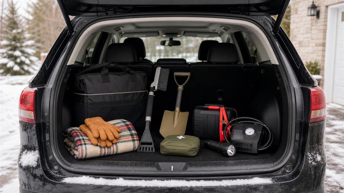 Trunk organizer holding winter car accessories in a vehicle