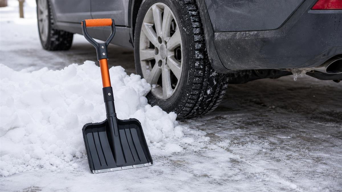Compact shovel beside a snowy car tire