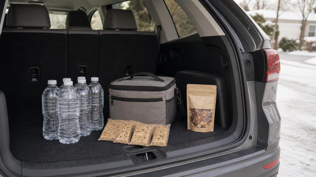 Snacks and water packed in a winter car kit