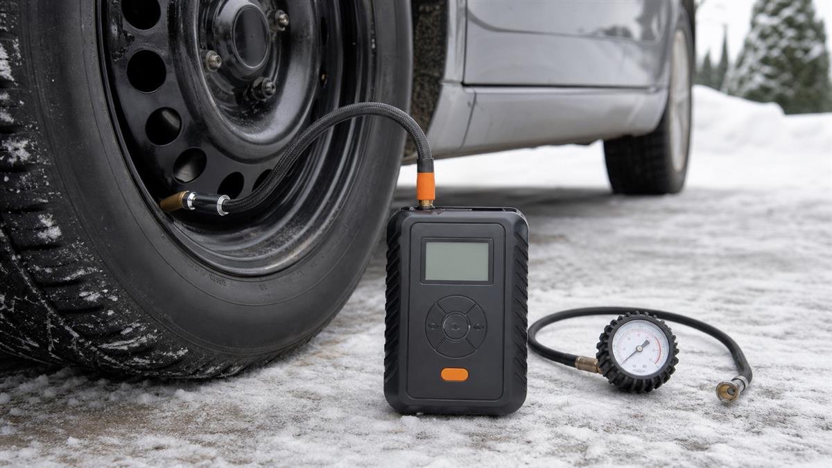 Portable tire inflator connected to a car tire in winter