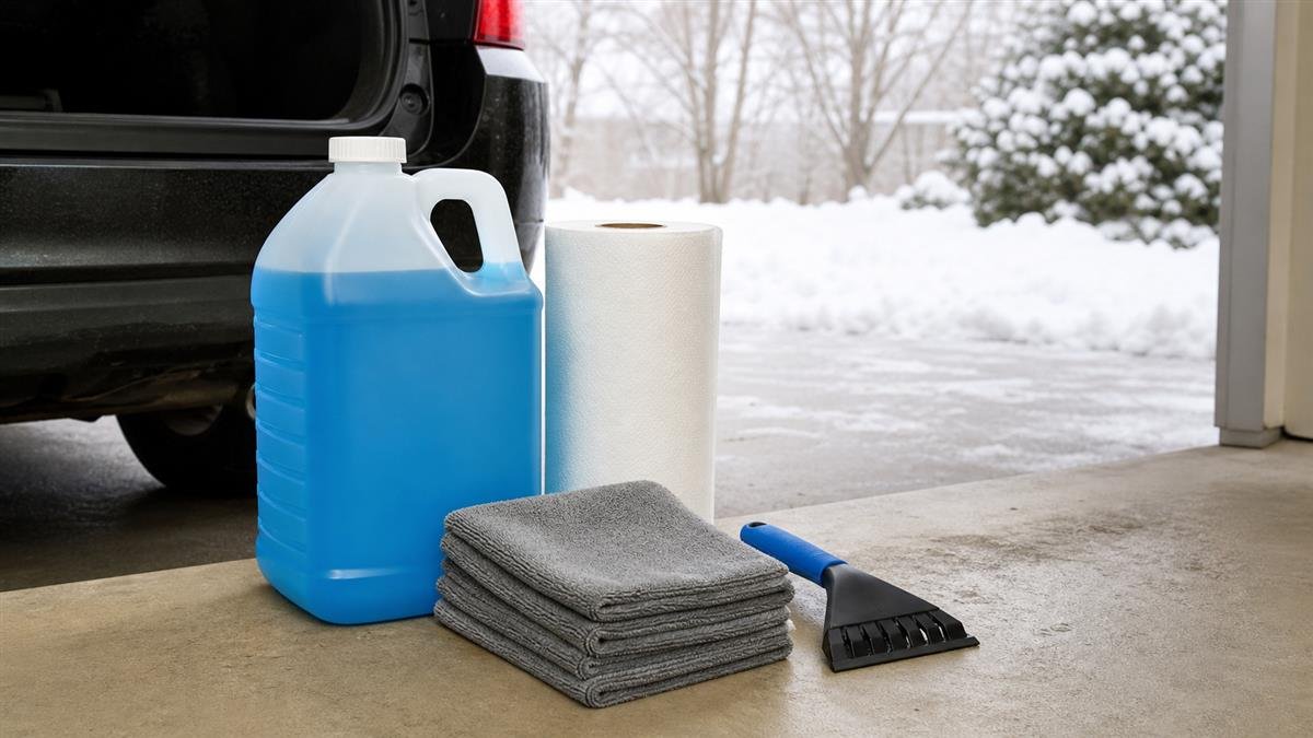 Winter-rated washer fluid with cloths and scraper